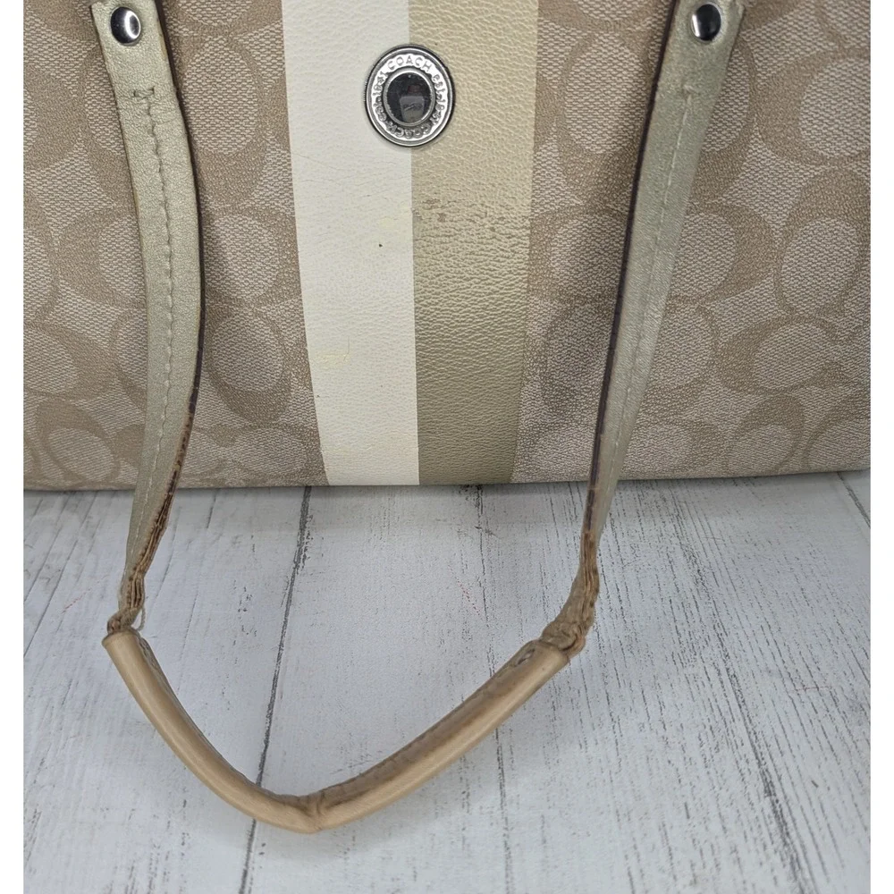 Coach Heritage Stripe Satchel Khaki Gold Signature Canvas Bag F14478